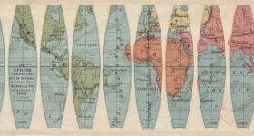 Ilustração com fundo bege de uma planificação de um globo terrestre. A imagem é semelhante a um mapa-múndi cortado em fatias verticais, em que cada fatia tem o formato de uma elipse alongada. A imagem mostra os continentes América, na cor verde, África, em laranja, Europa, em amarelo, e a parte ocidental da Ásia, na cor rosa. O oceano atlântico aparece em destaque, no centro da imagem. Todos os dizeres da ilustração estão em francês. 