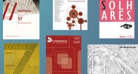 Montagem com seis capas de revista divididas em duas linhas. O fundo é formado por um degradê azul que escurece de cima para baixo. Na linha superior, as três capas têm vermelho e branco como cores predominantes, elas são das revistas Significação, Organicom e Novos Olhares. Na linha inferior, da esquerda para a direita, há a capa da revista Matrizes, que é amarelada, a da revista Extraprensa, que é vermelha, e a da revista Ars, que é horizontal e em preto e branco.