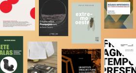 Montagem sobre um fundo degradê laranja claro com as capas dos livros  Ensaios sobre Prosopopeia, Fragmentos do Tempo Presente, Extremo Oeste, Diálogos Impertinentes, Um Instituto Singular e Plural, Sete Falas, Postcolonial Repercussions e Bibliodiversidade e Preço do Livro
