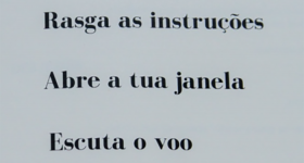 Página do livro 32 Instruções para Escutar (n)a Pandemia. Em um fundo cinza, está escrito em preto, em três linhas, a seguinte poesia: Rasga as instruções. Abre a tua janela. Escuta o voo.