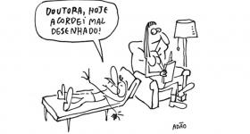Charge em preto e branco com um boneco mal desenhado deitado num divã reclamando a uma mulher sentada em uma poltrona ao lado de um abajur: "doutora, hoje acordei mal desenhado", reclama o garrancho em forma de homem.