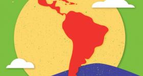 Ilustração de mapa da América Latina em vermelho. Ao fundo há um círculo amarelo, um terreno elevado em azul, duas nuvens brancas posicionadas em volta do continente e um fundo verde.