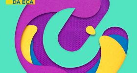 Arte digital do evento. A letra E do logo da ECA forma uma espécie de janela, por onde se veem formas de contornos arredondados nas cores azul, amarelo e roxo. No canto esquerdo superior da imagem, os dizeres Semana de Cultura e Extensão da ECA, em letras azuis dentro de caixas amarelas. 