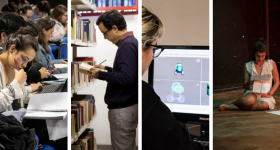 Montagem de recortes de quatros fotos: no primeiro quadro, uma jovem está sentada em um auditório com outros estudantes. Ela segura uma caneta e está com a cabeça baixa, observando um caderno; no quadro ao lado, um homem está de pé, à frente de uma estante de livros. Ele segura um lápis e um livro aberto; no outro quadro uma mulher observa a tela de um notebook, onde se vê desenhos técnicos. Por fim, no quadro à direita, uma jovem atriz está sentada em um chão de madeira. Ela é lê uma folha de papel.