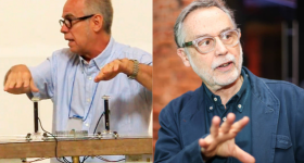 Composição de imagem com duas fotos. À esquerda, Gilberto Prado, um homem branco, idoso, de óculos com armação preta, cabelos lisos curtos grisalhos. Ele usa  camisa azul clara com mangas curtas e fala olhando para o lado  com as duas mãos erguidas sobre o aparelho que está a frente dele.  O aparelho possui dois bastões pretos em paralelo com fios ligados. À direita está Ismail Xavier, um homem branco, idoso, de barba branca, olhos castanhos, com óculos arredondados de armação transparente na frente e haste