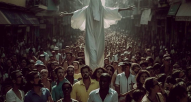 Imagem fotográfica gerada por inteligência artificial. Uma multidão de pessoas segue em uma rua. Elas estão de frente para o que seria a câmera. Do lado direito e esquerdo há casas e estabelecimentos. No centro da imagem há uma pessoa com os braços abertos, coberta da cabeça aos pés com um pano branco, que mostra somente as mãos. Essa pessoa está mais alta, como se estivesse sobre os ombros das pessoas na multidão. 