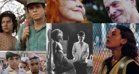 Montagem com fotos de cinco cenas dos filmes Agreste, A Alegria é a Prova dos Nove, À Portas Fechadas, A Batalha da Rua Maria Antônia e Pedágio. Na primeira foto, uma mulher olha para o lado e um homem de pele bronzeada e cabelos escuros olham para o lado. Há uma árvore seca ao fundo. Na segunda foto, o cantor Ney Matogrosso, um homem branco e idoso de cabelos grisalhos, olha sorrindo para a atriz e diretora Helena Ignez, mulher branca e idosa de cabelos ruivos. A terceira foto mostra duas crianças, uma bra