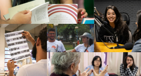 Montagem com cinco fotos de atividades acadêmicas na ECA. Na primeira foto, mãos femininas seguras um livro, na segunda foto, uma jovem está em um estúdio, falando a um microfone, na terceira foto, um homem, de costas, segura com as mãos os negativos de um filme fotográfico, na quarta foto, um homem e uma mulher estão na área externa da ECA, com árvores ao fundo. Na quinta foto, uma mulher idosa, gesticula com as mãos, enquanto uma jovem estudante a observa.