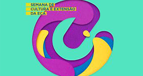 Arte digital do evento. A letra E do logo da ECA forma uma espécie de janela, por onde se veem formas de contornos arredondados nas cores azul, amarelo e roxo. No canto esquerdo superior da imagem, os dizeres Semana de Cultura e Extensão da ECA, em letras azuis dentro de caixas amarelas. 