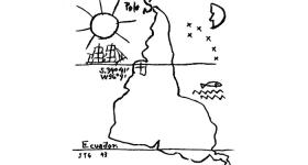 Ilustração em linhas pretas sobre um fundo branco de um mapa estilizado do continente latino americano em posição invertida, com o sul geográfico apontando para o norte. O mapa é cortado por linhas horizontais representando o Equador e o Trópico de Capricórnio, e é ladeado por desenhos de uma caravela e do sol, do lado esquerdo, e de uma meia-lua, estrelas, um peixe e ondas, do lado direito.