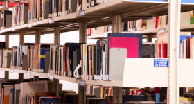Foto de três prateleiras de uma estante de livros de uma biblioteca, posicionada em diagonal em relação ao enquadramento da imagem. A estrutura da estante é bege e os livros, que possuem etiquetas brancas na lombada, são de diversas cores e tamanhos. Ao fundo, há uma parede branca. 