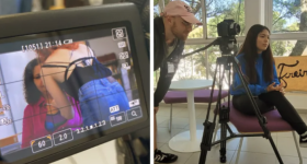 Montagem com duas fotografias. A primeira da tela de uma câmera, com a imagem de uma mulher branca com cabelos vermelhors, de costas, frente a fente com uma mulher em roupas cor de rosa. A segunda, um homem banco, com barba ruiva e boné cor de rosa está atrás de uma câmera, ao lado dele uma mulher sentada em uma cadeira. 