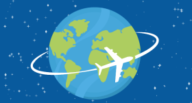 Ilustração de  um globo terrestre, com continentes em verde e água em azul. Um avião na cor branca circunda o globo deixando um rastro na mesma cor. O fundo é azul escuro com estrelinhas.