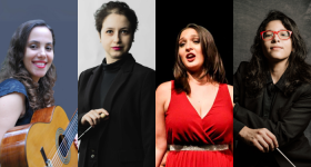 Montagem com quatro fotografias lado a lado. Na primeira, uma mulher branca de cabelos castanhos e longos sorri e segura um violão. Na segunda, uma mulher branca de cabelos castanhos e curtos segura uma batuta e veste roupas pretas. Na terceira, uma mulher branca de vestido vermelho e cabelos castanhos na altura dos ombros canta. Na quarta, uma mulher branca de cabelos escuros veste roupas pretas, usa óculos vermelho e segura uma batuta.