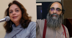 Montagem de duas fotos lado a lado. À esquerda, uma mulher branca fala ao microfone, com cabelos castanhos médios e vestindo blusa azul. À direita, um homem pardo de óculos e barba longa e grisalha  veste camisa cinza com suspensórios vinho e carrega canetas no bolso.