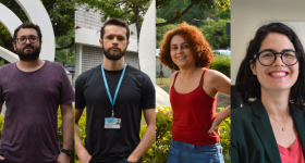 Montagem de quatro fotos. Da esquerda para a direita, a primeira é de uma homem branco, de cabelos castanhos e curtos, com barba, vestindo uma camiseta vinho; a segunda é de um homem branco, com cabelos lisos e curtos, vestindo uma camiseta preta; a terceira é de uma mulher negra, de cabelos cacheados na altura do ombro, vestindo uma regata vermelha e saia jeans;; a quarta é de uma mulher branca, de cabelos lisos e escuros, na altura do ombro, vestindo uma camiseta vermelha e paletó verde. 