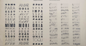 Página amarelada que exibe, no lado esquerdo, um poema concreto, com palavras diversas e fragmentadas, com tipografias diferentes e distribuídas em três colunas. No lado direito, uma partitura musical também distribuída em três colunas. No topo, os dizeres Memos, Augusto de Campos, e Música, Willy Corrêa de Oliveira. No canto inferior direito, um logo com um globo terrestre e os dizeres MCA do Brasil Editora Musical Ltda. 