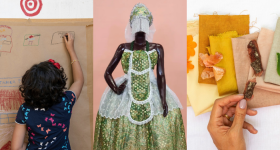Montagem com três fotos. Na primeira, uma menina está de costas desenhando sobre um papel kraft. Na segunda, um manequim escuro exibe um vestido longo verde com rendas brancas e um adorno com franjas cobrindo o rosto. Na terceira foto, tecidos de diferentes cores sobre uma superfície branca e uma mão segura elementos naturais com cores associadas aos tons dos tecidos.