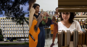 Montagem com partes de três fotos. A primeira de um prédio residencial de sete andares  branco e amarelo com muitas janelas , uma fileira de carros na frente e algumas árvores. A segunda tem três pessoas jovens, um homem branco, uma mulher branca e uma mulher negra, com instrumentos musicais  em uma sala de aula. A terceira foto tem uma mulher branca de cabelos castanhos, curtos e cacheados mexendo em livros em uma estante vazada com outras estantes atrás dela.