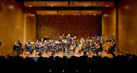 Foto de orquestra se apresentando em um palco de madeira, com o maestro ao centro, de costas para o público, regendo os músicos. As pessoas tocam violinos, violas, violoncelos e contrabaixos, todos vestidos de preto. Ao fundo, há uma parede com painéis de madeira. O público está em uma plateia escura de costas para a câmera.