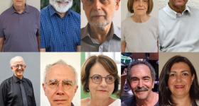Colagem de dez retratos de pessoas brancas dispostos em duas fileiras de cinco. Na fileira superior, um homem de cabelo grisalho curto; um homem de cabelos e barba brancas e óculos; um homem com barba e cabelos grisalhos; uma mulher de cabelo castanho curto e um homem de cabelo grisalho curto. Abaixo, um homem de cabelo branco e óculos, um homem de cabelo grisalho curto e óculos, uma mulher de cabelos castanhos curtos e óculos, um homem de bigode e cabelos grisalhos e uma mulher de cabelos castanho escuros.