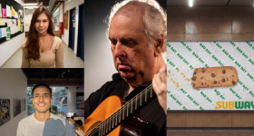 Imagem dividida em três partes. A primeira parte é dividida em duas partes de igual tamanho com as fotos de dois jovens. Na segunda parte,  a foto de um homem branco, de cabelos brancos, vestindo uma camisa preta e tocando violão. Na terceira parte, a foto de um painel publicitário em um saguão com paredes e escadas de concreto. O painel tem a imagem de um biscoito da marca Subway comido pela metade. 