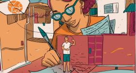 Ilustração digital de mulher parda de cabelos médios cor-de-rosa escrevendo com caneta sobre um papel azul. Ela, no centro da imagem, usa óculos, veste camiseta laranja e está em proporção maior que os demais elementos, à sua frente um muro vermelho e, sobre a folha de papel, uma pessoa, vestindo shorts azuis e camiseta branca, empinando uma pipa branca e laranja. A esquerda dos personagens há uma rua vermelha com faixa de pedestre branca e casas laranjas com detalhes brancos. À direita, há uma casa branca.