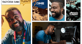 Montagem com capas de livros e fotos de homem negro dispostas em retângulos de diferentes tamanhos como uma página de revista em quadrinhos. O homem tem cabelos curtos, barba e bigode crespos e escuros. Em duas das fotos, ele sorri olhando para o lado e, na outra, ele desenha em papel sob a luz de uma luminária articulada. Na parte superior esquerda, há um retângulo branco com o texto Trajetórias Ecanas em letras pretas.